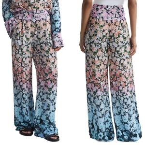 Reiss Serena High Rise Wide Leg Floral Multi Colored Pant Size 12